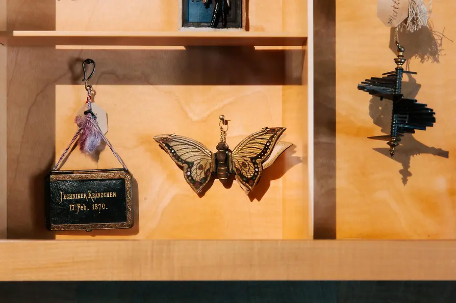 Display case with historical ladies' donations (gifts for ladies at ball events) - a butterfly, a staircase