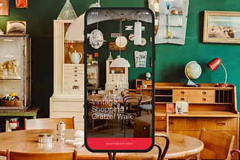 ivie Sujet with text: Vintage Shopping Grätzel Walk