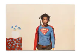 Artwork, portrait of a young man in a Superman costume