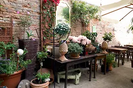 Restaurant Mill's guest garden decorated with flowers