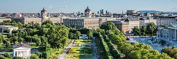 View of the Volksgarten, the Natural History and Art History Museums and the Parliament