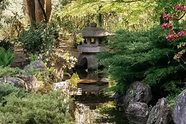 Park landscape with a small, Japanese temple