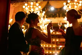Two women saying Cheers! in an Opera Ball box